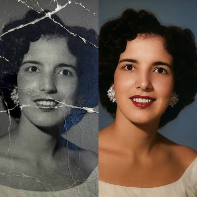 Retrato antigo rasgado restaurado e colorizado